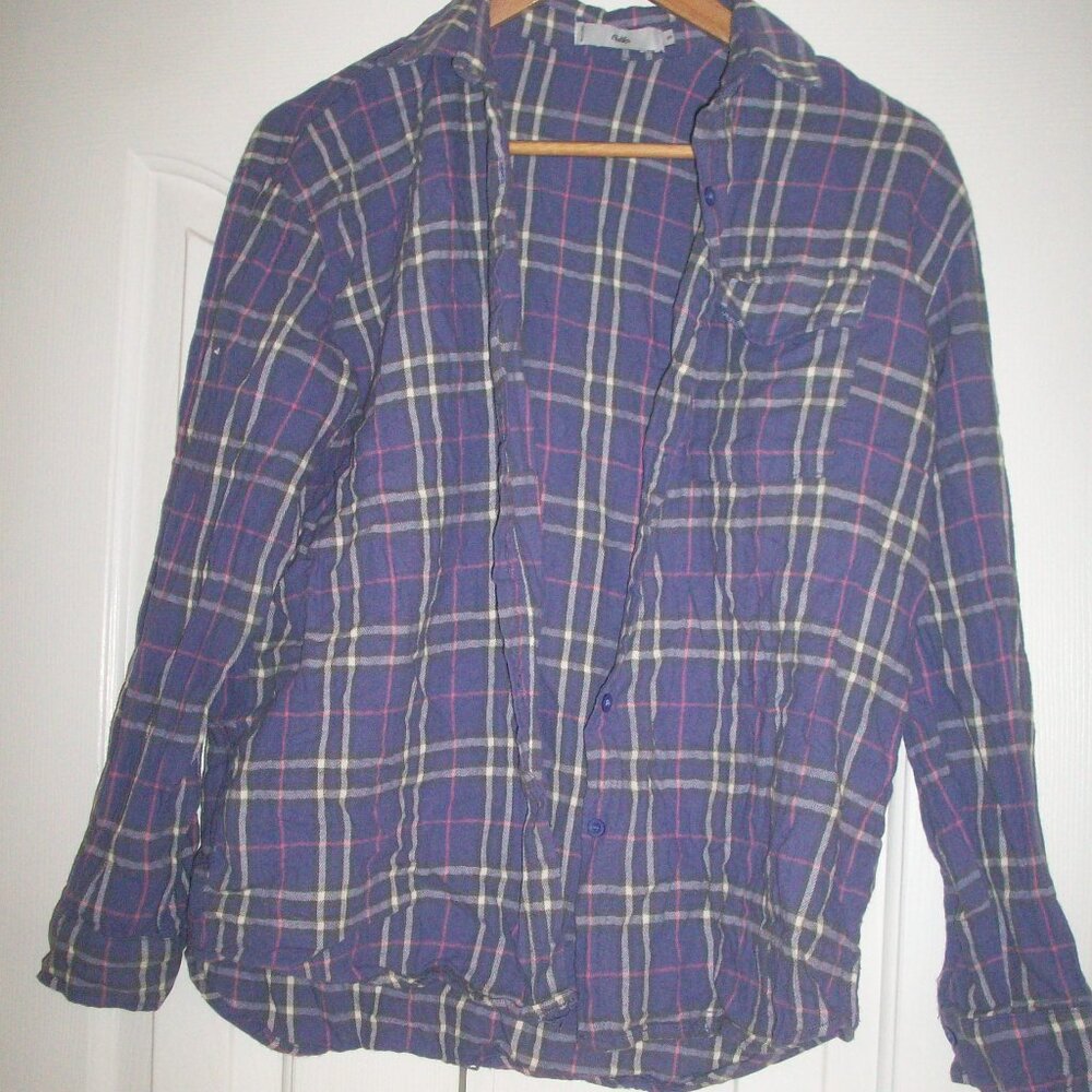 Woman’s Purple Plaid Flannel Cotton Long Sleeve Button Up Shirt, adika Size S